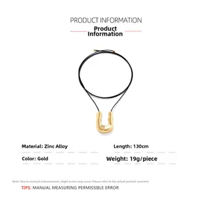 Detailed size chart for gold U-shaped alloy pendant with 130cm adjustable black cord