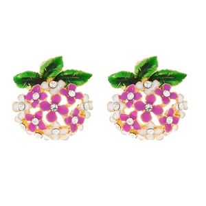 Floral stud earrings with purple enamel flower clusters and green leaves with crystals