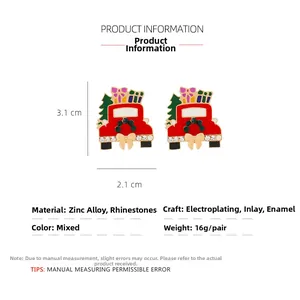 Detail view of red Christmas truck earrings with rhinestones and tree, size 3.1x2.1cm