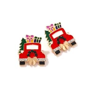 Christmas car stud earrings with red vintage truck, green tree and colorful crystals