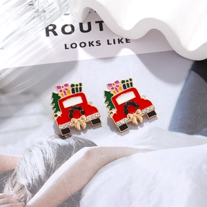 Creative Christmas red car stud earrings with colorful rhinestones and oil drip finish