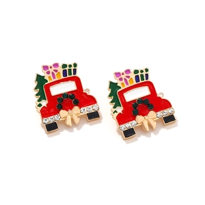 Macro detail of red Christmas truck earrings with colorful rhinestones and oil-drop glaze