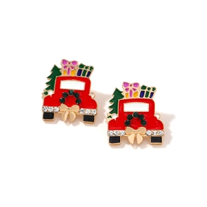 Christmas red truck stud earrings with festive wreath and colorful gift boxes
