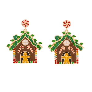 Bunte Weihnachts-Lebkuchenhaus-Ohrhänger mit Zuckerstange und Emaille-Details