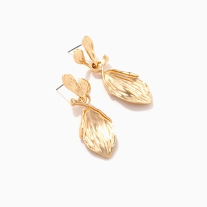 Golden alloy leaf drop earrings with 3D textured metallic finish and organic leaf design