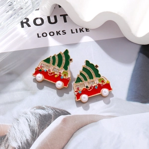 Boucles d'oreilles voiture de Noël rouge et sapin vert avec strass colorés et perles