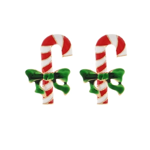 Christmas Candy Cane Earrings Enamel Alloy Red White Striped Green Bowknot Holiday Party Jewelry For Women