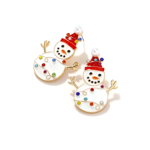 Cartoon enamel snowman earrings with red hat, pearl accent, and colorful rhinestones