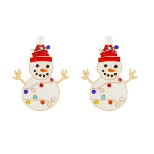 Cartoon Christmas snowman drop earrings with colorful rhinestones and white pearl top