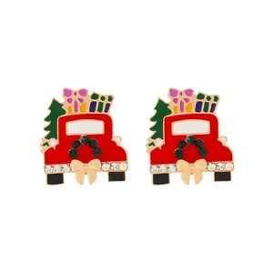 Festive red vintage truck Christmas stud earrings with crystal wreath and colorful gifts