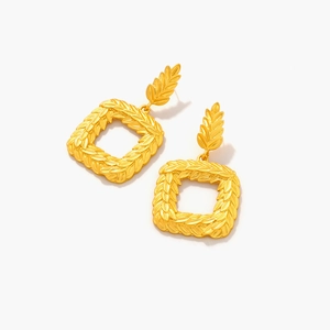 Vintage style matte gold geometric square earrings with olive leaf texture pattern
