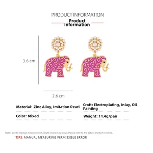 Detailed size chart of magenta elephant earrings with pearls and dimensions 3.6x2.6cm