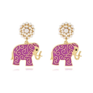 Elephant Pendant Earrings Zinc Alloy Enamel Animal Jewelry With Imitation Artificial Pearl Flower For Women Vintage Fashion