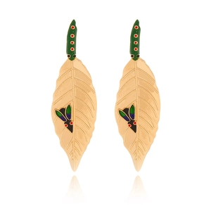 Leaf Dangle Earrings With Colorful Enamel Insect Pattern Matte Gold Tone Zinc Alloy Nature Theme Jewelry For Women