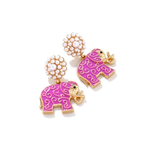 Golden elephant pendant earrings with pink enamel texture and cluster pearl studs