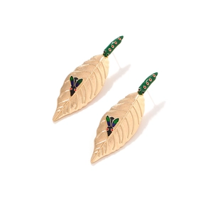 Golden alloy leaf earrings with enamel insect pattern and green dot texture
