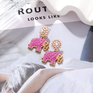 Exaggerated elephant drop earrings with pink enamel and white faux pearl details
