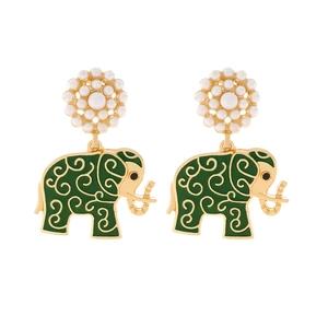 Exaggerated vintage elephant drop earrings with green enamel and imitation pearl studs
