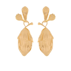 Golden alloy leaf pendant earrings with textured finish and pastoral organic nature design