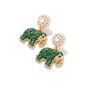 Enamel elephant drop earrings with green glaze, faux pearls and vintage gold finish