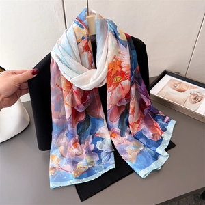 Floral print chiffon scarf with lotus patterns, long sun protection shawl for women