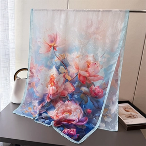 Detail showing high-quality gradient floral print on a lightweight long silk scarf fabric