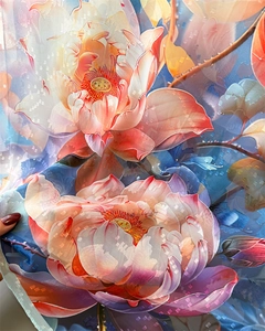 Detail of floral lotus printed silk scarf showing semi-transparent jacquard texture