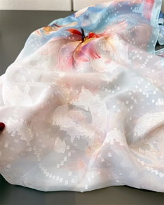 Macro detail of gradient floral scarf featuring unique jacquard dots and sheer silk texture