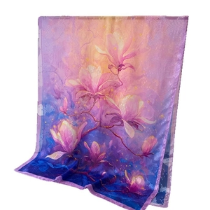 Elegant floral magnolia print long silk scarf with vibrant purple and pink gradients