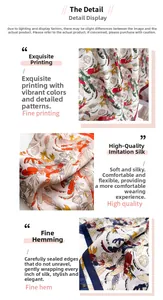 Detail of tropical plant floral print on soft faux silk scarf with fine rolled edges