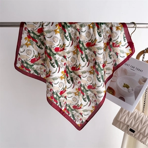 Elegant Square Scarf Satin Faux Satin Tropical Plant Feather Print Retro Neck Hair Accessory Fashion Versatile For Women