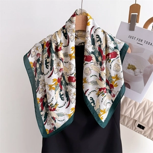 Tropical leaf and bird of paradise print silk square scarf with deep green border