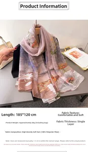 Detail of soft sheer long scarf featuring lotus floral prints and classical architecture