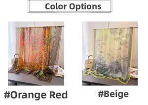 Detail of lightweight scarves in orange mandala print and beige bamboo forest pattern