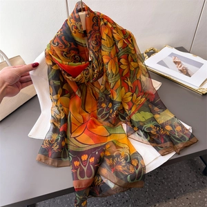 Women Large Floral Scarf Shawl Lightweight Polyester Gauze Vintage Chinese Print Sunscreen Wrap Travel Accessory