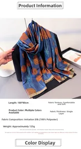 Detailed view of floral print faux silk scarf size 180x80cm with orange rose pattern