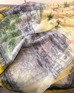 Detail of soft printed floral scarf with translucent fabric and traditional motifs