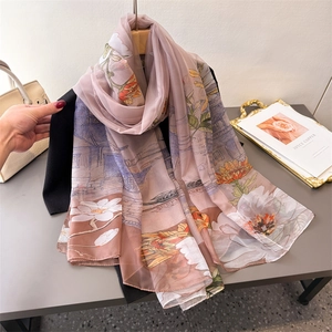 Elegant floral print long chiffon scarf with traditional Chinese art and soft purple tones
