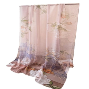Light pink floral silk scarf with traditional Chinese landscape and garden print