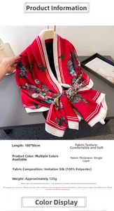 Dettaglio dello scialle in seta rossa 180x80cm con stampe floreali e specifiche tecniche