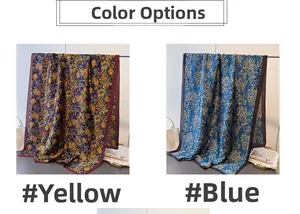 Vue détaillée de foulards en soie à motifs paisley jaunes et fleurs bleues