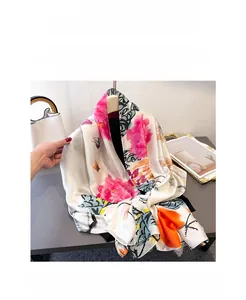 Detailed view of silk scarf texture with elegant rose floral and geometric patterns