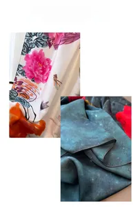 Detail of silk satin scarf showing elegant floral prints and a misty star texture