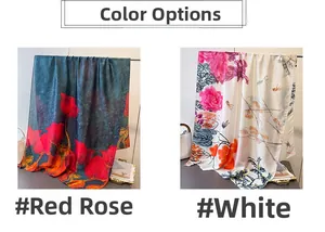 Detail of silk-like shawls featuring red rose and white peony floral print patterns
