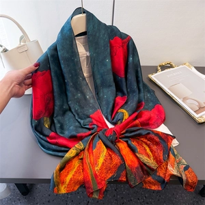 Floral Print Scarf Shawl Women Elegant Satin Like Satin Long Wrap Sun Protection Satiny Headscarf Vintage Flower Accessory