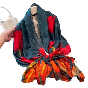 Elegant long silk shawl with red poppy print on deep blue starry background
