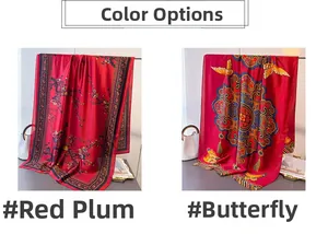 Détail de foulards en soie rouge avec motifs traditionnels de fleurs de prunier et papillons
