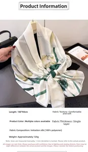 Détail de l'écharpe en soie synthétique à motif lotus vert, taille 180x80 cm