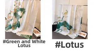 Détail d'un châle en soie imprimé avec des motifs élégants de fleurs de lotus blanc et cyan