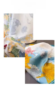 Close-up of lightweight silk shawl featuring vibrant yellow and blue floral chrysanthemum prints